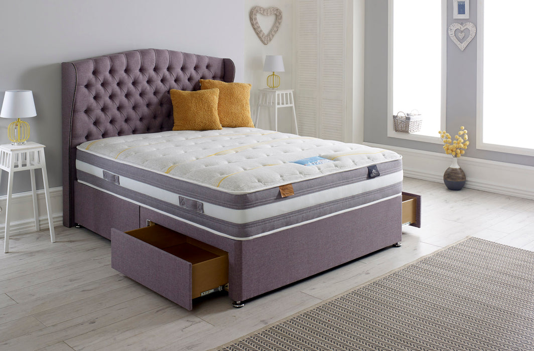 divan bed with two drawers, winged headboard and foam mattress